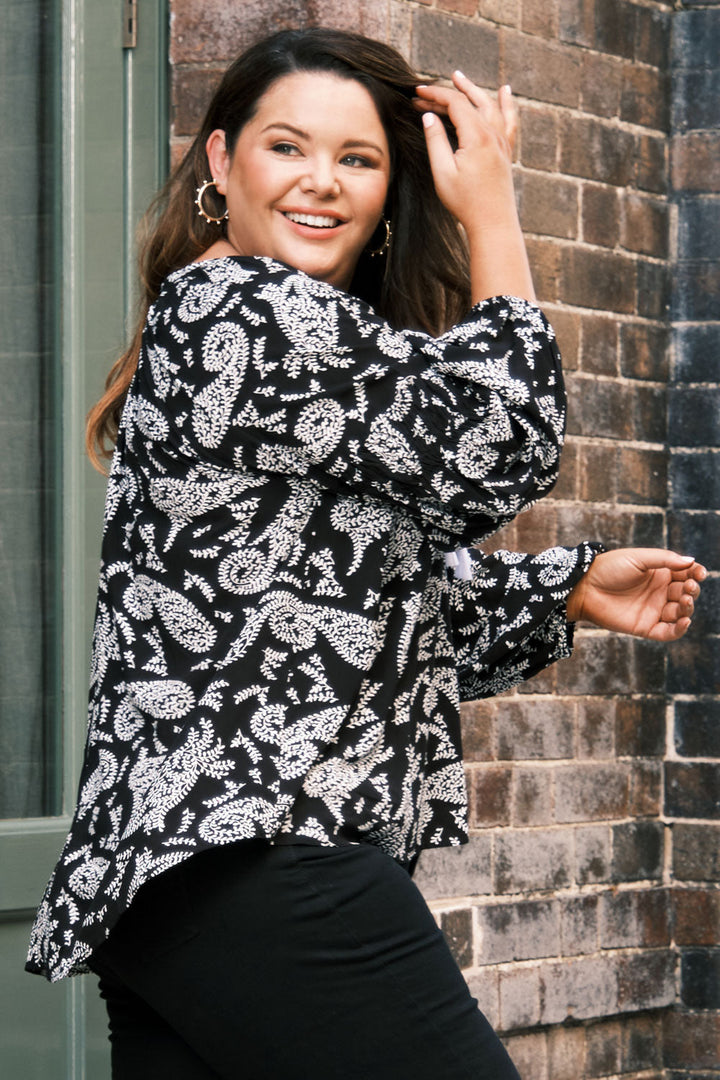 Paisley Long Sleeve Top Black Tops