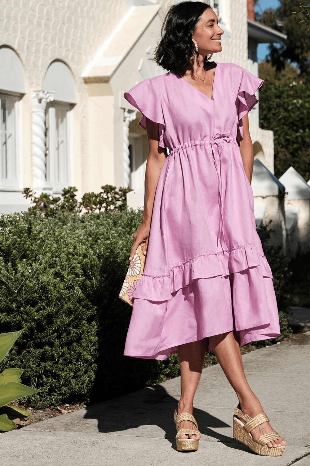 Linen Short Sleeve Dress Pink