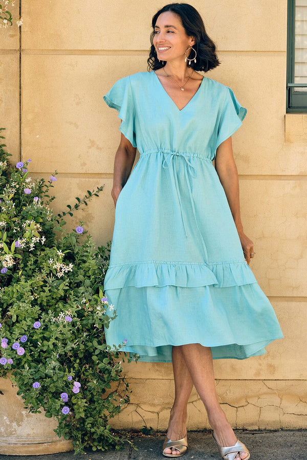 Penny Linen Short Sleeve Dress Turquoise Dress