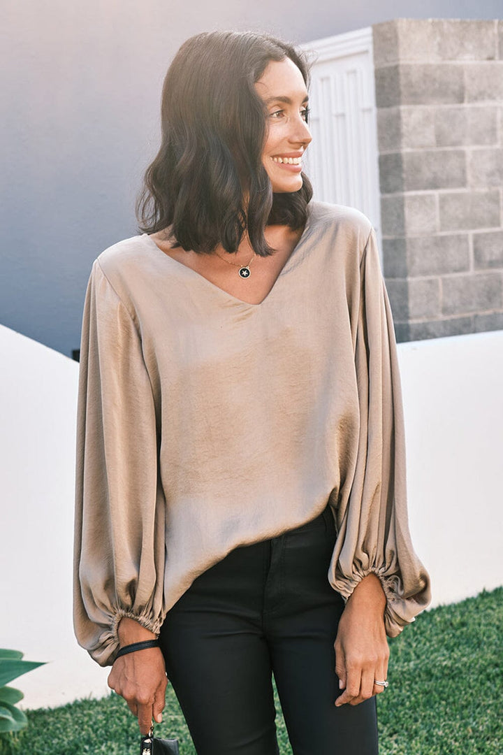 Sovana V-Neck Long Sleeve Top Almond Tops