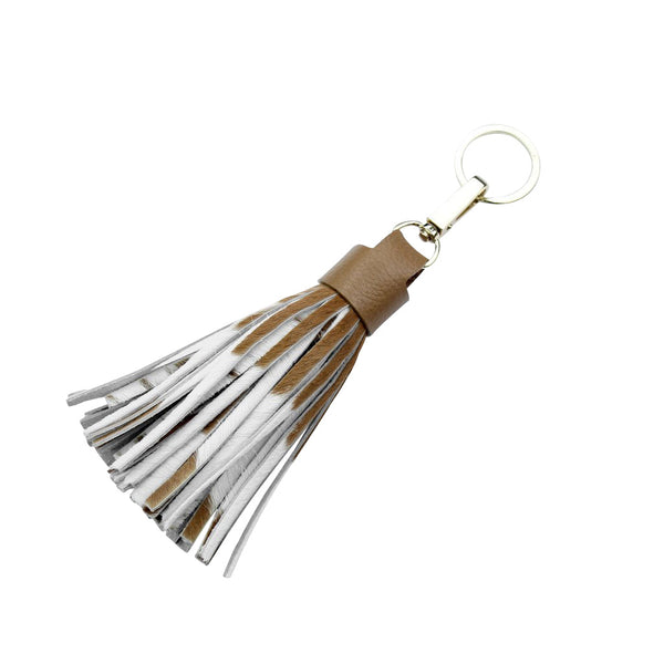 Tassel Keyring Tan and White Cowhide Leather