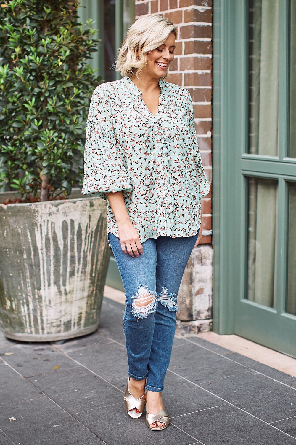 Valletta Floral Long Sleeve Top Olive Tops