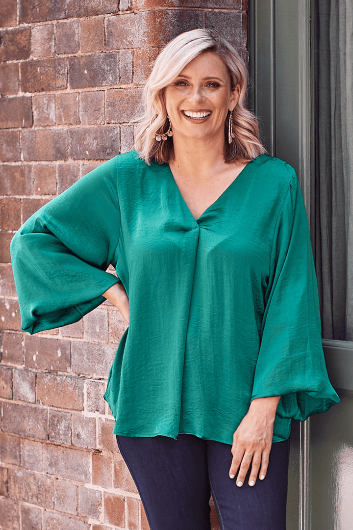 Charlotte V-Neck Long Sleeve Top Emerald Tops