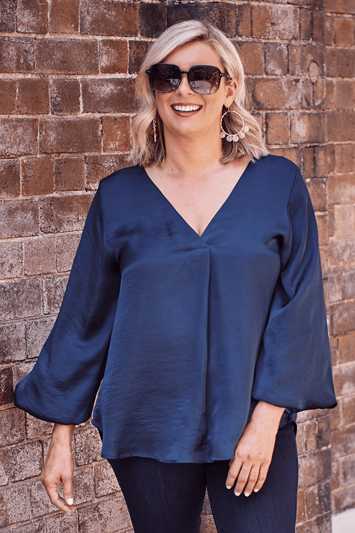 Charlotte V-Neck Long Sleeve Top Navy Tops