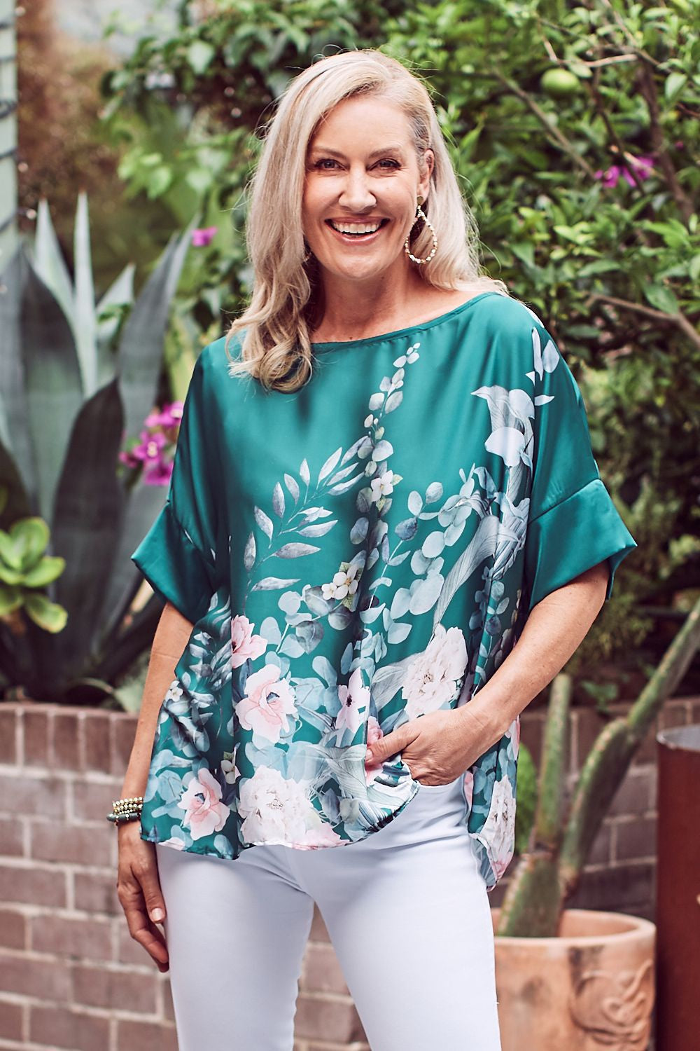 Rosalind Short Sleeve Top with Round Neck Emerald Tops