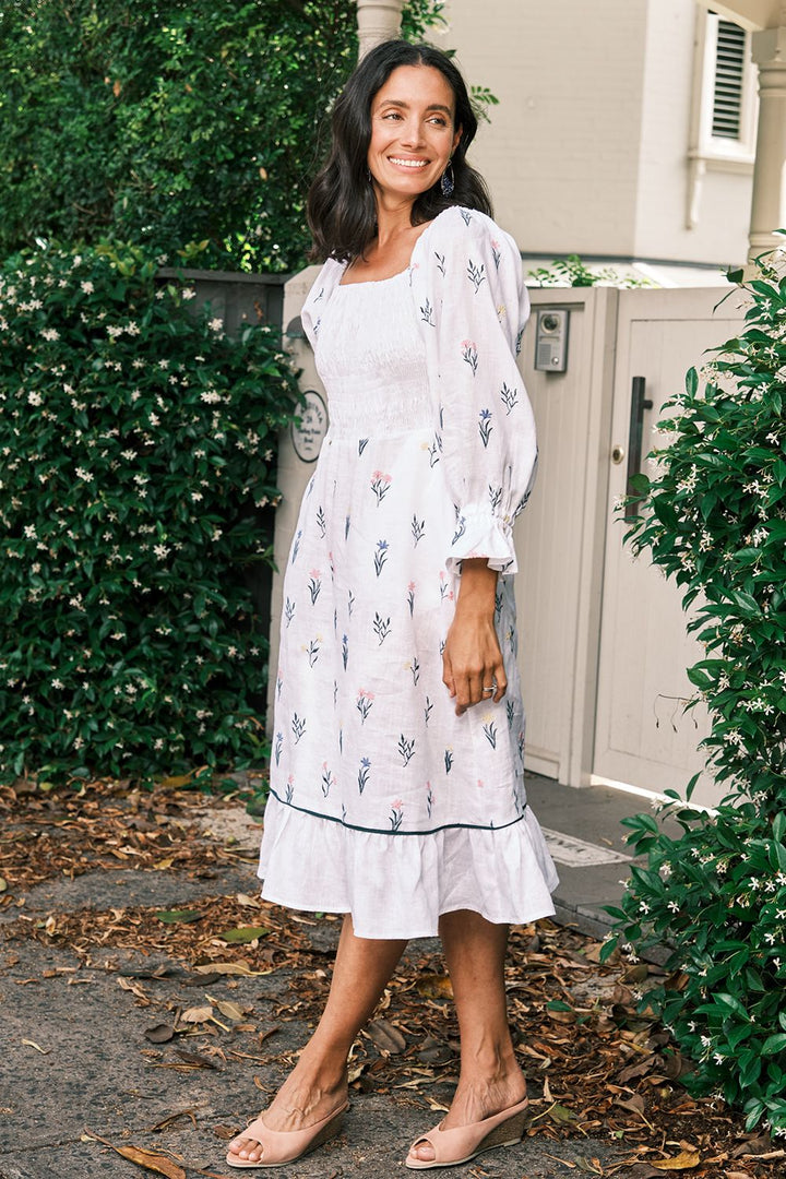 Grace Pure Linen Embroidered Ruched Dress Dress