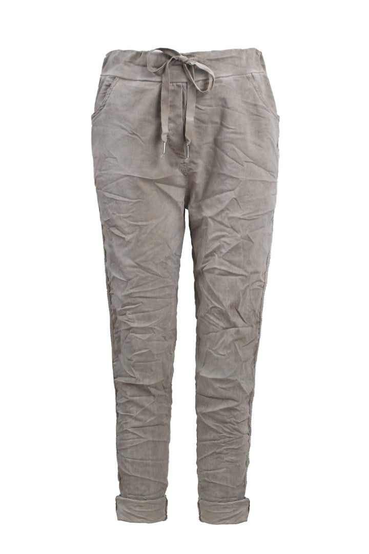 Rhinestone Side Stripe Crinkle Jogger Mocha Pants