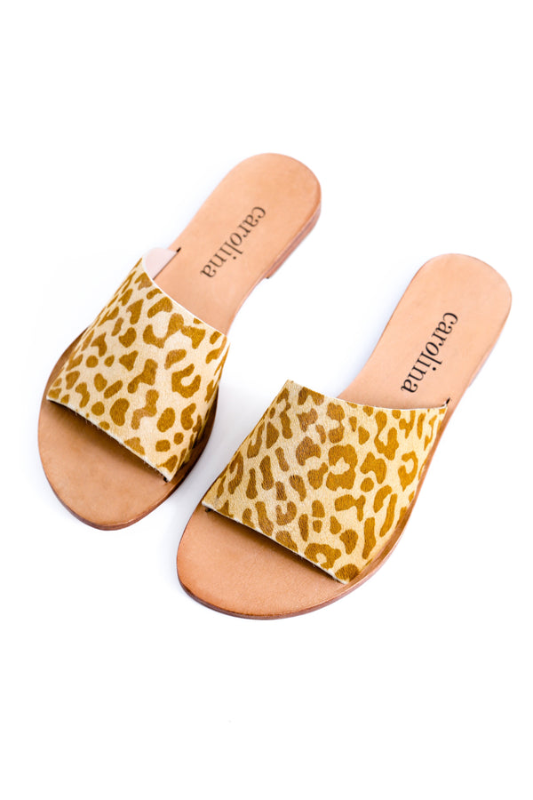 Tabia Animal Print Cowhide Slides Tan Shoes